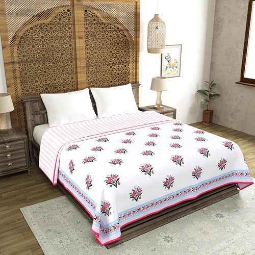 Image of BLOCKS OF INDIA 100% Cotton Dohar King Size Reversible Hand Block Printed Malmal Summer Dohar /Blanket (Pink Green Bunch)