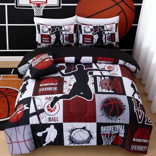 Aimuan Basketball Bedding Set for Boys Kids Teens, Soft Black and Red Sports Geometric Grid Patchwork Theme Basketball Bedding Sets Queen Size, Black-Red