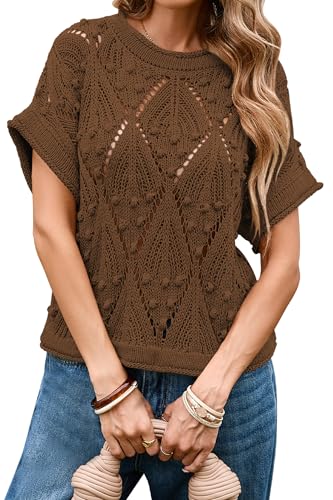 Image of Cakulo Womens Summer Crochet Boho Crop Tops Short Sleeve Lightweight Knit Sweater 2026 Beach Vacation Cruise Resort Wear