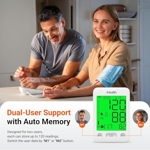 Image of iHealth Accu Luminate Blood Pressure Monitor - 4.5 inch Tri-Color WHO-Based LCD(White), Clinically Accurate, Irregular Heartbeat Alert, Body & Cuff Detection, Bluetooth Cloud Sync, Large 8.6 inch-17 inch Cuff