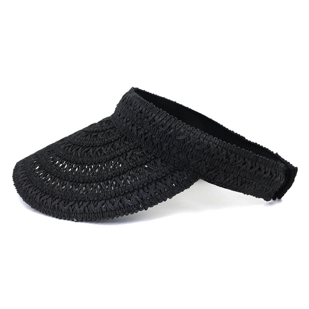 Empty Top Straw Sun Hat for Womens Summer Visor for Women Wide Brim Beach Sun Hat and Caps Black