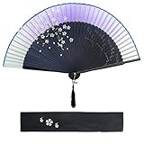 FSROOMZ Japanischer Klappfächer Kirschblüte aus Leinen & Bambus – Handlicher Mini-Fächer mit Quaste für Damen, Herren, Kinder, Ideal für Hochzeit, Theater, Party & Weihnachtsdeko Lila