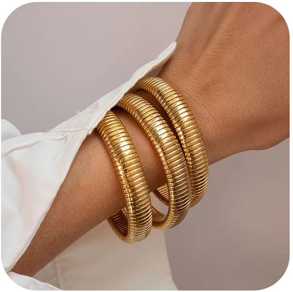 JUNYANGY Gold Bangles for Women Set of 3 Chunky Stretch Bangles Bracelets 24K Gold Plated Stainless Steel Bracelets Flexible Wide Stack Bracelets Designer Look Alike Jewelry for Women