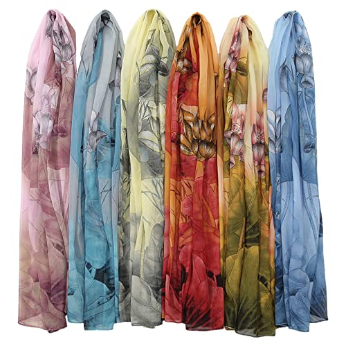 amokk 6 Packs Fashion Scarves for Women Lightweight Chiffon Scarfs for Women Summer Shawl Warp Floral Head Scarf (Color-8)
