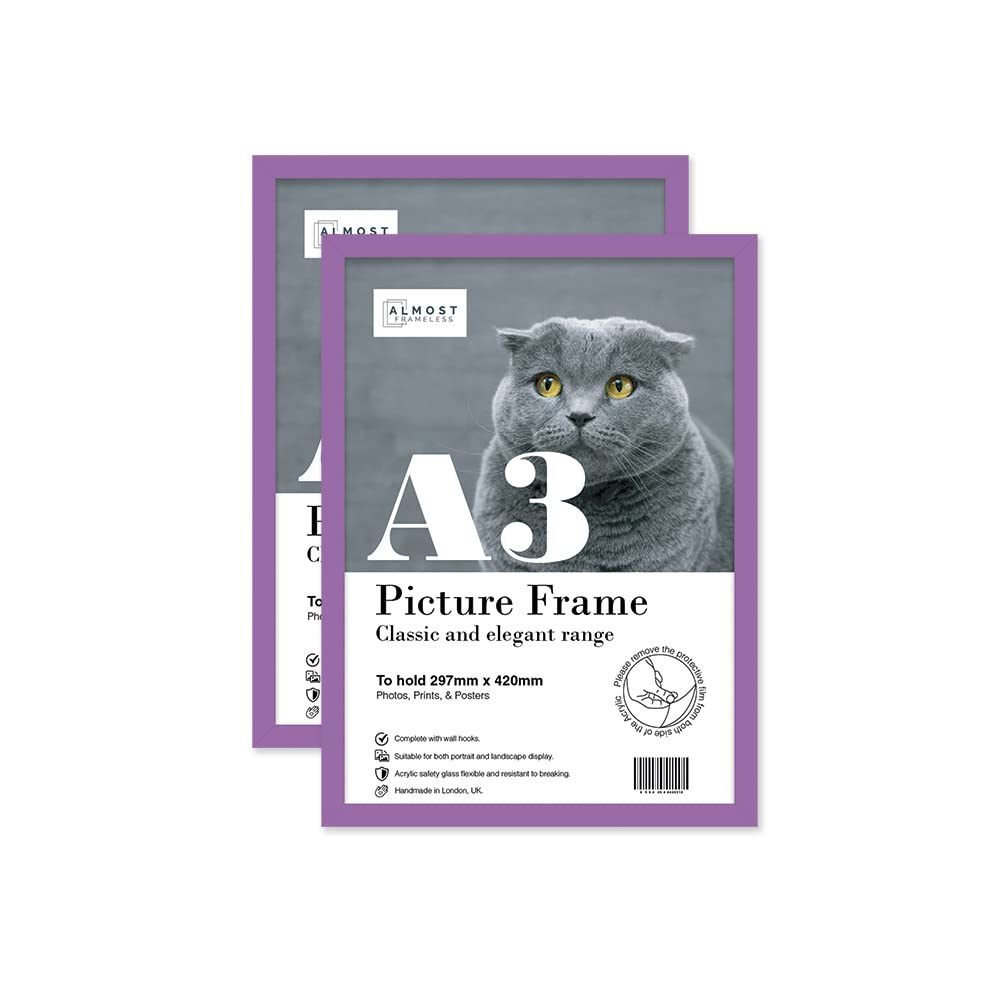 Almost Frameless A3 Purple Picture Frame Set of 2, Display A3 Picture Gallery Wall, Poster, Photo, Artwork, or Print, Purple