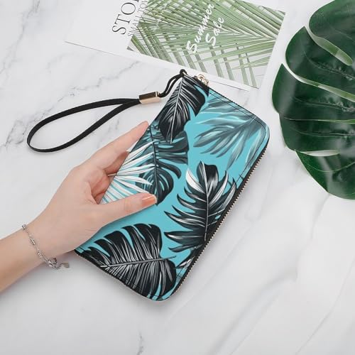 Tropical Leaves in Black White Pastel PU Leather Clutch Long Bifold Wallet, Coin Purse Credit Pass Case, Durable Card-Holder Money Storage for Women Men4