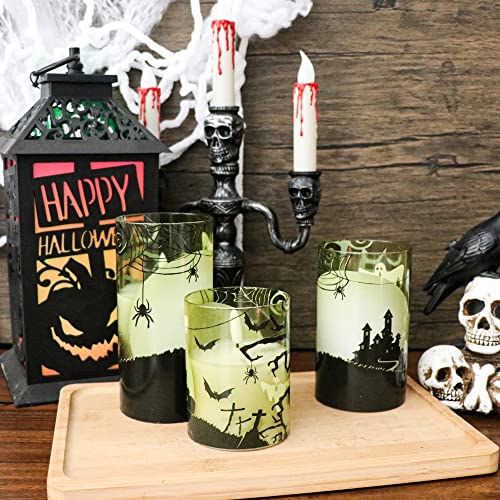 Image of GenSwin Halloween Candles Flameless with Remote Timer, Flameless Candles with Spider Web, Ghost, Castle Decals, 3 Pack Green Glass Battery Operated Candles with 3D Flickering Flame for Fall Decor