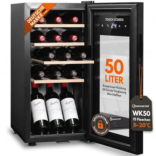 Sommertal Cave à vin avec porte en verre WK50 - 15 bouteilles, réglable à 5-20 degrés, verrouillable, éclairage LED, porte en verre, écran tactile, 4 étagères en...