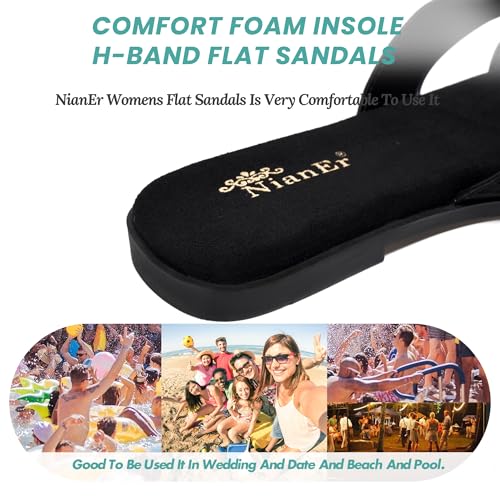 Image of NianEr Womens Microfiber Leather Memory Foam H Sandals Summer Shoes Slides | Flat, Comfortable, Slip On, Dressy, Dress, Beach, Vacation, Designer, Comfy, Casual, Bridal, Church, Boho, Office, Work