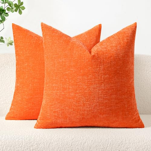 Image of MIULEE Pack of 2 Bright Orange Throw Pillow Covers 20x20 Inch Soft Chenille Pillow Covers for Sofa Living Room Couch Fall Home Decor Solid Dyed Cases