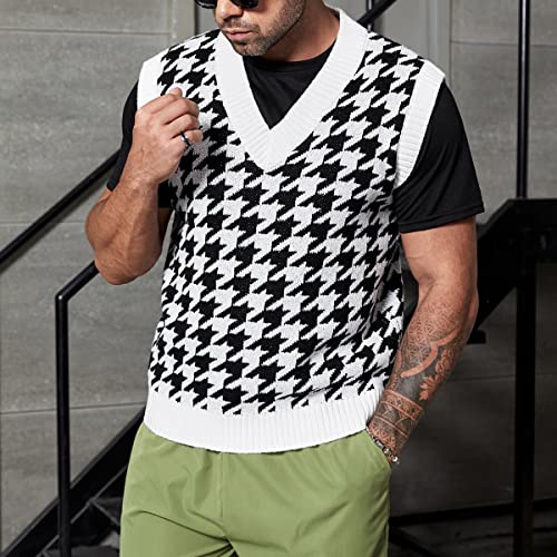 Oyoangle Men's Plus Size V Neck Sleeveless Houndstooth Colorblock Loose Fit Pullover Sweater Vest Knitwear Top Black And White 3Xl #TOP5