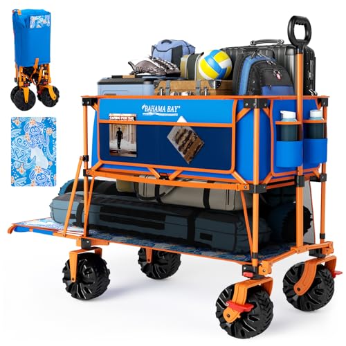 Old Bahama Bay 400L Collapsible Double Decker Beach Wagon with Brakes, Folding Beach Cart with 54' Extra Long Decker, 450LBS Heavy Duty Wagon Chart with All-Terrain Big Wheels for Sand Camping Garden