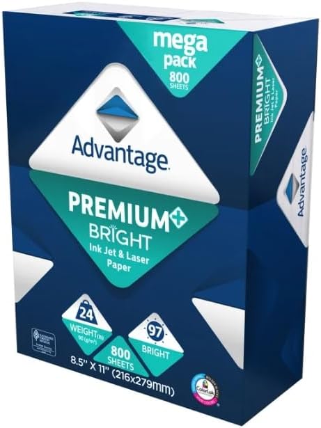 Advantage Premium Bright Ink Jet and Laser Paper, 8.5" *11" Letter, White, 24lb, 97 Bright, 1 Ream of 800 Sheets