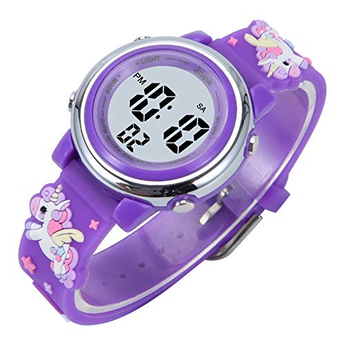 Kids Watches 3D Cartoon Silicone Unicorn Waterproof 7 LED Color Lights Toddler Digital Wrist Watch with Alarm Stopwatch for 3-10 Year Girls Little Child (Deep Purple)3