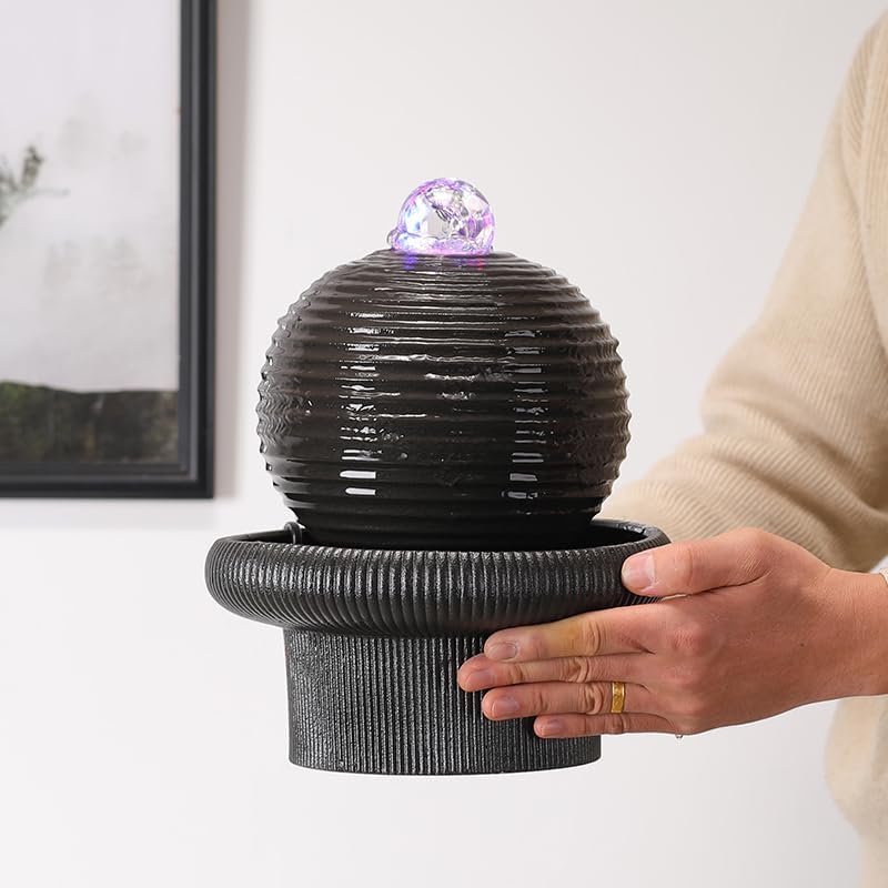 Generic Tabletop Water Fountain with LED Light, Black Ceramic, Round Shape, Fluorescent Flowing Water (Large 9 * 12inches)(Large 9 * 12inches)