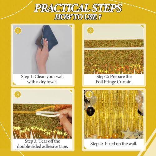 Image of DECOCKRAT 2 Pack Foil Fringe Backdrop - Laser Gold Shiny Tinsel Curtains for Party Decoration /Photo Booth Props - 3.3x6.6 FT Metallic Foil Backdrop for Birthday, Wedding, Graduation, Christmas.