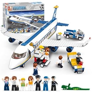 City Passenger Airplane Building Set, 4 in 1 STEM Toy with a Large Airplane, Passenger Bus, Luggage Truck, Container Loader, and 7 Minifigures, Compatible with Lego Plane, Airport Gift for Boy 6+