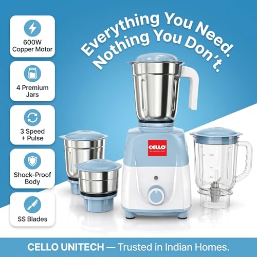 Image of CELLO Unitech 600W Mixer Grinder with Juicer Jar | 4 Jars | Copper Motor | 3 Speed Control | Stainless Steel Blades | Mixer, Grinder & Juicer for Juices