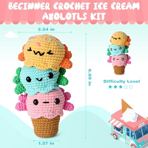 Image of Crochetta Crochet Kit for Beginners, Crochet Starter Kit w Step-by-Step Video Tutorials, Beginner Crochet Kit for Adults Kids Women Men Complete Kit Included (Ice Cream Axolotls)