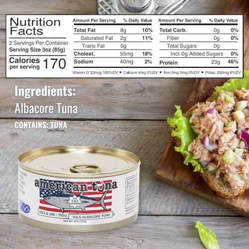 Wild Albacore Tuna Fish by American Tuna - No Salt Added, Wild Caught, MSC Certified, and One-by-One Pole Caught | (12) 6 Ounce Cans | Super Premium Canned Tuna for Health and Flavor Enthusiasts!