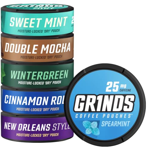Grinds Coffee Pouches | 6-Can Sampler Pack | Wintergreen, Spearmint, Cinnamon Roll, Double Mocha, Sweet Mint, New Orleans | Brew-Free Coffee Alternative | 18 Pouches Per Can