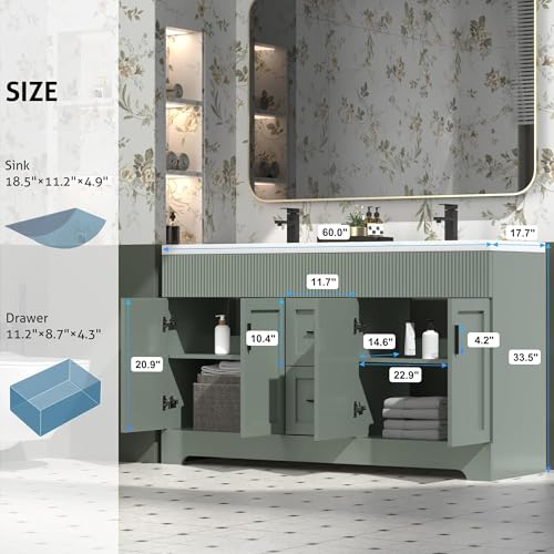 Image of eclife 60 inch Bathroom Vanities Sink Combo with Painted Surface, Modern Drawered Cabinet W /Decorative Wave Lines, Undermount Double White Sink, Matte Black Faucet Drain, Gray Green