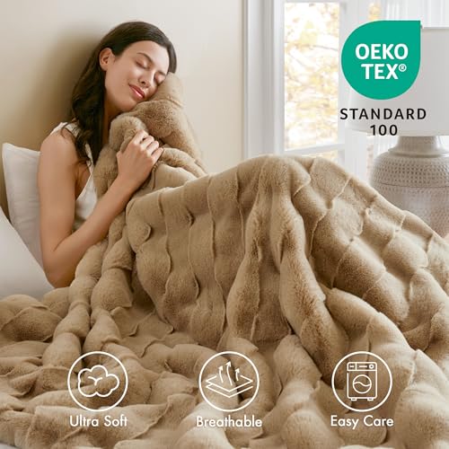 Madison Park Vivienne Faux Fur Throw Blanket Velvet, 50 x 60, Tan by Madison Park - Used condition - Image 3