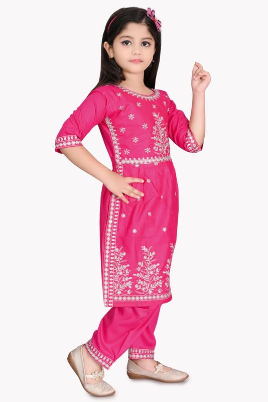 Image of Girls Ethnic Cotton Kurta and Straight Pant Set with Silky Dupatta
