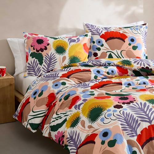 Image of MARIMEKKO - King Duvet Cover Set, Cotton Percale Reversible Bedding with Matching Shams, Floral Home Decor (Ojakellukka Multicolor, King)