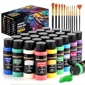 Juego de pintura acrílica, 24 colores (2 onzas/botella) con 12 pinceles de arte, suministros de arte para pintar lienzo, madera, cerámica y tela, pigmentos ricos de calidad duradera para principiantes