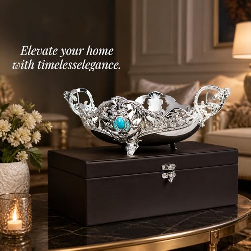 Image of Diviniti German Silver Decorative Blue Stone Bowl|Luxury Serving Bowl with Handles|Vintage Silver Platter for Dining Table, Home Decor, Centerpiece, Gifting|Elegant Metal Fruit Basket with Gift Box