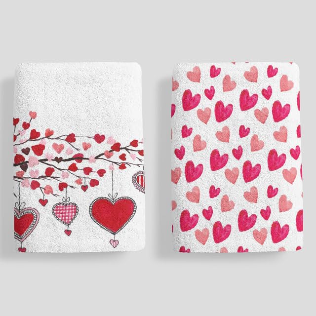Horienteeon Valentine's Day Kitchen Towel Set of 2 Red Heart Dish Towels, Quick Dry Microfiber Cloth Dish Towels for Kitchen Drying - Premium Quick Dry Towel, Hand Towels/Tea Towels 60×40cm