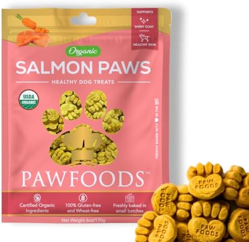 PawFoods Salmon Dog Treats – Organic Dog Treats with Salmon – Shiny Coat Healthy Skin, Omega 3 & 6, Low Calorie Dog Training Treats, Healthy Dog Treats – Approx. 60 Treats Per Bag – 170g – Made in USA