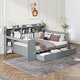 Harper & Bright Designs Full Size Daybed Frame with Desk and 3 Storage Drawers & USB Port Shelves Headboard, Pinewood Corner Bed, Full Captain Bed for Small Room, Bedroom, Guest Room,Gray