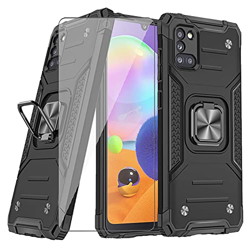 Asuwish Compatible with Samsung Galaxy A31 Case and Tempered Glass Screen Protector Cover Accessories Ring Holder Kickstand Protective Hybrid Phone Cases for Glaxay A 31 4G Gaxaly 31A A315G Black