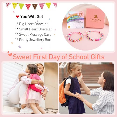 Image of First Day of School Mommy and Me Matching Bracelet Set kindergarden Pre-K Back to School Gifts Adjustable Heart Clay Bead Jewelry for Mother Daughter Dad Son