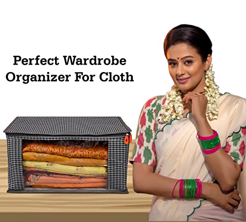 Image of Kuber Industries Saree Cover|Rexine Foldable Matty Check Design|Transparent Window Wardrobe Organizer with Plastic Slider Zip|Extra Large (Gray)