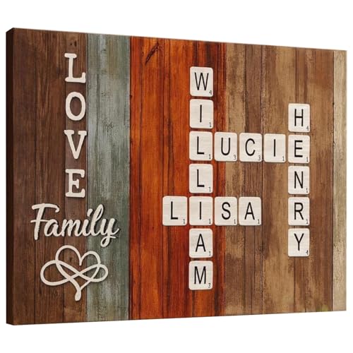 CENOVACY Custom Family Crossword Canvas Wall Art with Names Personalized Family Scrabble-Style Word Puzzle Sign with Rustic Wood Background Name Customizable Wall Decor for Home or Gift