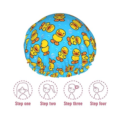 Image of Yellow Rubber Duck Shower Cap For Women Adjustable Double Waterproof Layers Bathing Shower Hat Hair Protection Reusable Ladies Spa Salon Shower Hat