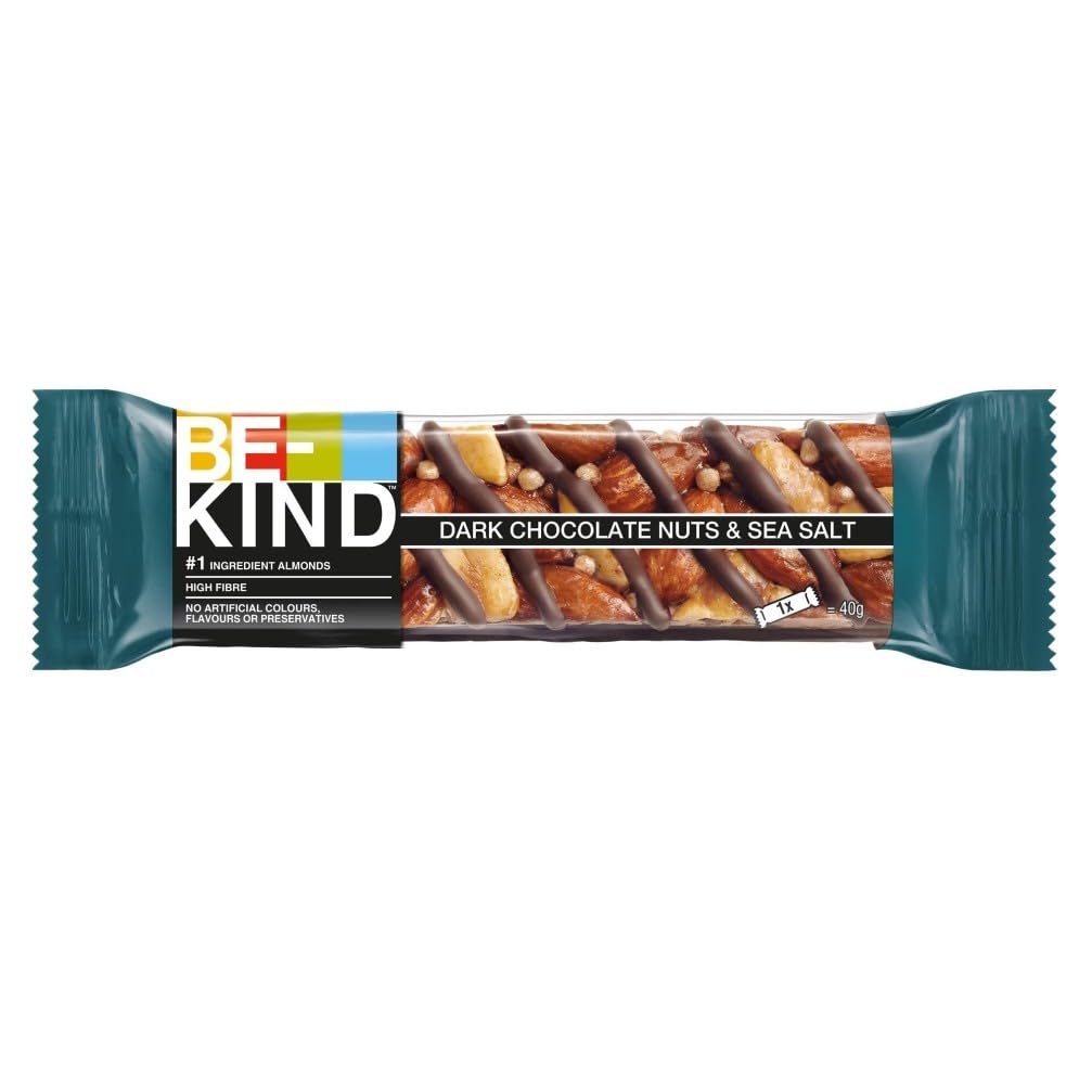 BE-KIND - Barres de Céréales - Chocolat Noir, Amandes & Sel Marin - Sans Gluten - Riches en Fibres - Grand Format - 12 x 40g