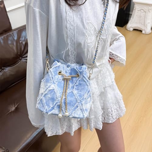 Image of Denim Bucket Bag Quilted Drawstring Jean Purses for Women Denim Clutch Hobo Bags Crossbody Handbag