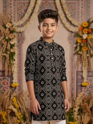 Image of KiddoPanti Boys 100% Cotton Ethnic Motif Printed Short Length Kurta