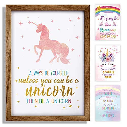 Unicorn Wall Decor Unicorn Bedroom Decor for Girls Wooden Frame Art Prints Set of 4, Unicorn Wall Decor Posters - Cute Pink Rainbow Decor Room Wall Decor for Bedroom for Teen Girls
