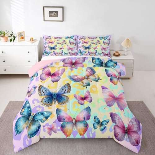 Image of Erosebridal 3D Flying Butterfly Queen Comforter Set for Kids Teens Adults,Gradient Leopard Print Bedding Set,Colorful Butterflies Duvet Insert,Cottagecore Wildlife Bed Set for All Season