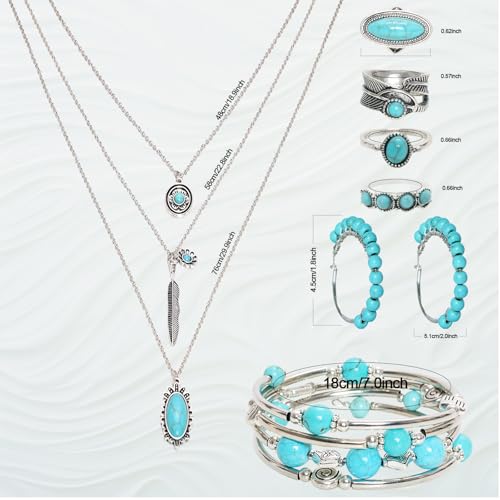 Fumwase 7PCS Bohemian Turquoise Jewelry Set Turquoise Necklace Earrings Rings Western Layered Bracelets Western Jewelry for Women (Elegance)2