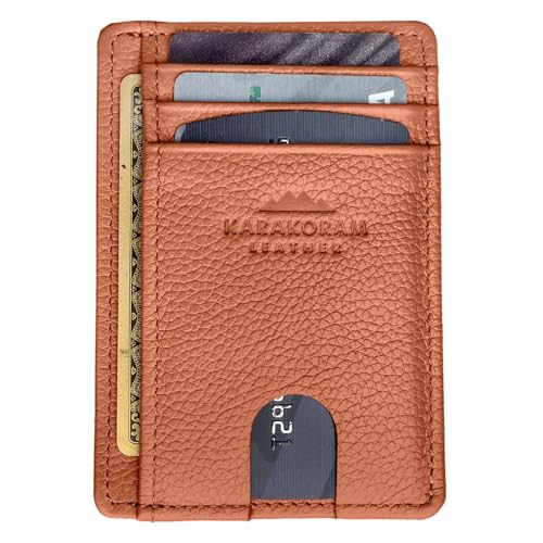Image of KARAKORAM LEATHER Handcrafted Front Pocket Credit Card Holder with RIFD Blocking | Premium Cowhide | Artisan Made Slim Leather Wallet | Quick Access Thumb Push Slots for Cards and ID (Sandstone Tan)
