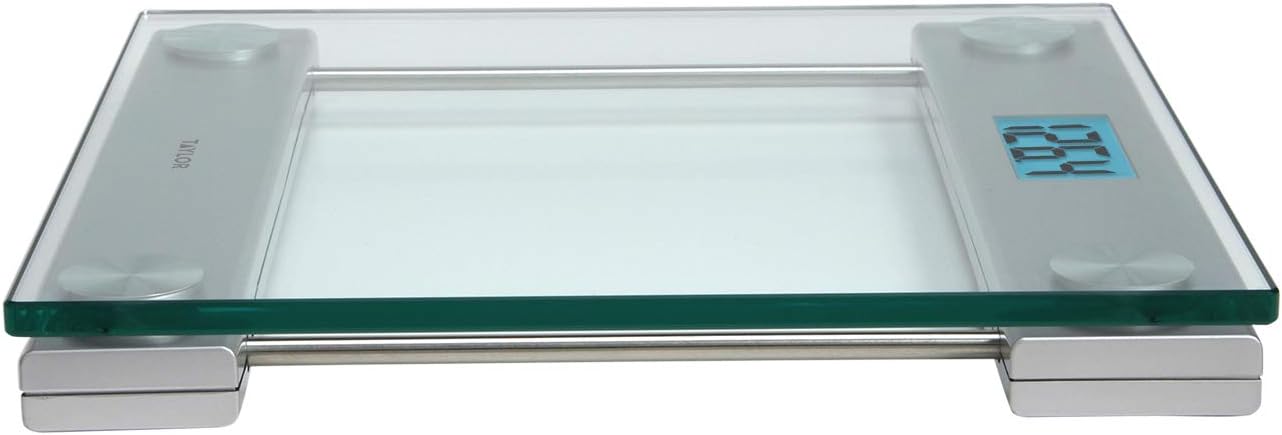 Taylor Digital Scales for Body Weight, Extra Highly Accurate 440 LB Capacity, Unique Blue LCD, Stainless Steel Accents GlassPlatform, 13.0 x 13.0 Inches, Clear