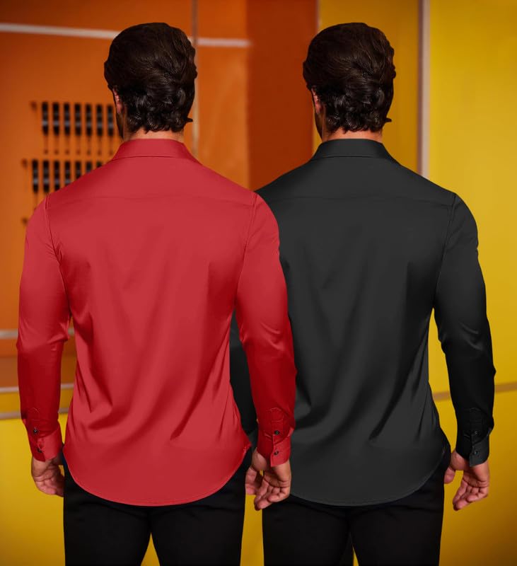 Image of Combo of Men's Premium Satin Cotton Shirt with Full Sleeves & Spread Collar | Smooth Finish | Slim Fit | Stylish Button Down Shirt for Evening, Casual Pack of 2