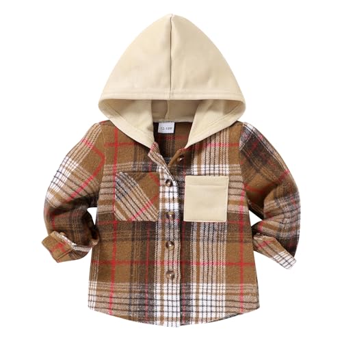 Image of YOUNGER STAR Toddler Kids Boys Girls Flannel Hooded Plaid Shirt Button Baby Red Clothes