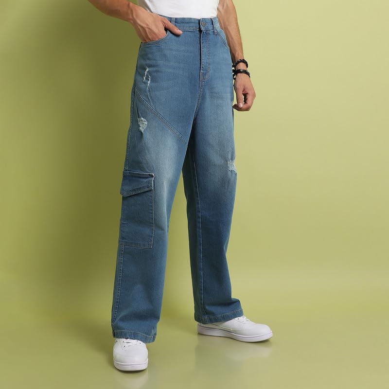 Image of Campus Sutra Men's Light Blue Asymmetrical Stitch Denim Jeans for Everyday Wear | Light-Wash | Button Closure | Regular Fit | Denim Jeans Crafted with Comfort Fit for Everyday Wear (36)